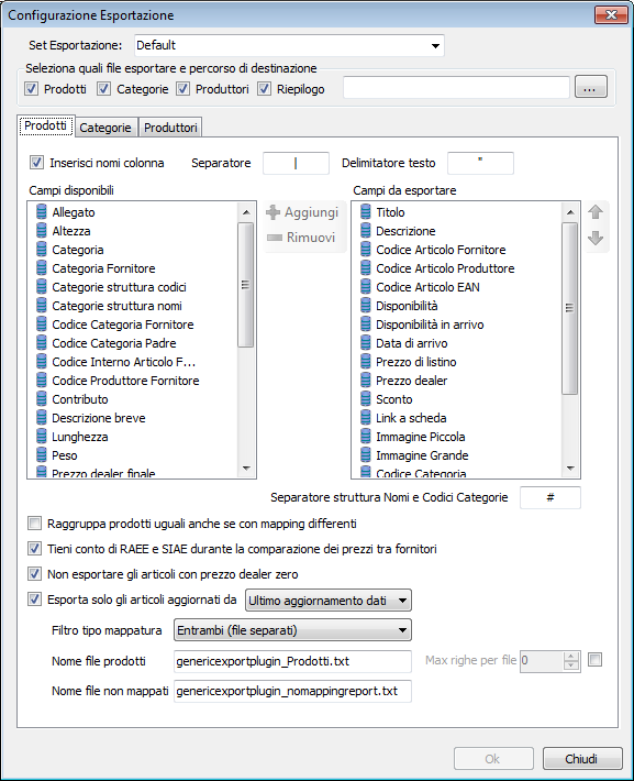 Configurazione del Generic Export Plugin In ImporterOne è incluso il plugin di esportazione generico (Generic Export Plugin) che consente di configurare un singolo set di esportazione.