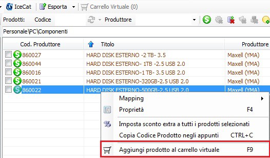 Per visualizzare il carrello fare clic sul pulsante Carrello Virtuale. I prezzi in verde indicano i prezzi più bassi.