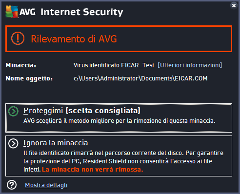 In questa finestra di dialogo di avviso sono disponibili informazioni sull'oggetto rilevato e giudicato infetto (Minaccia) e alcuni dati descrittivi sull'infezione riconosciuta (Descrizione).