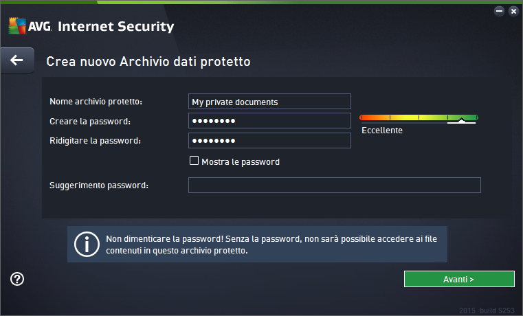 Innanzitutto è necessario specificare il nome dell'archivio protetto e creare una password complessa: Nome archivio protetto: per creare un nuovo archivio protetto, innanzitutto è necessario
