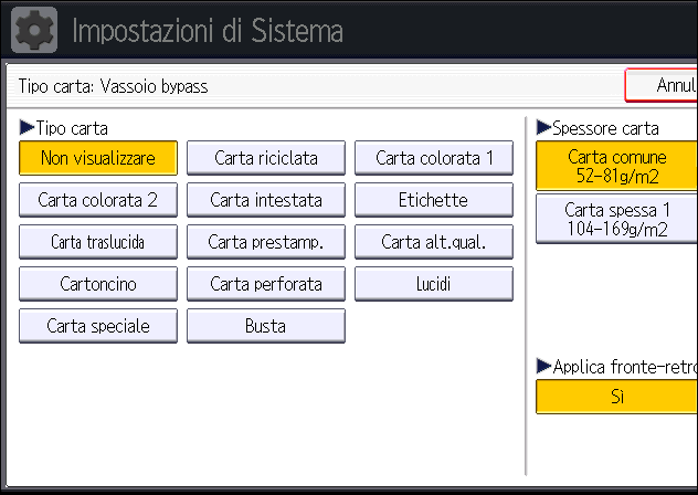 9. Aggiunta di carta e toner Quando si stampa su lucidi, rimuovere i fogli stampati uno per volta. 1. Premere il tasto [Strumenti utente/contatore]. 2. Premere [Impostaz.vass.carta]. 3.