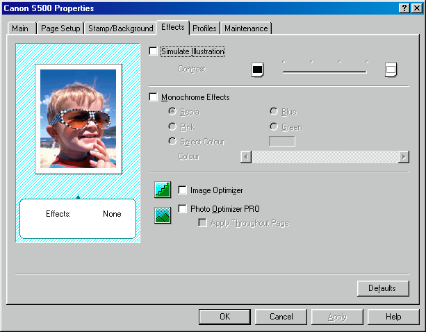Funzioni dei driver della stampante (Windows) Scheda Effects [effetti] (1) (5) (2) (3) (4) (1) Simulate Illustration [simulazione illustrazione] Questa funzione elabora i dati dell'immagine a