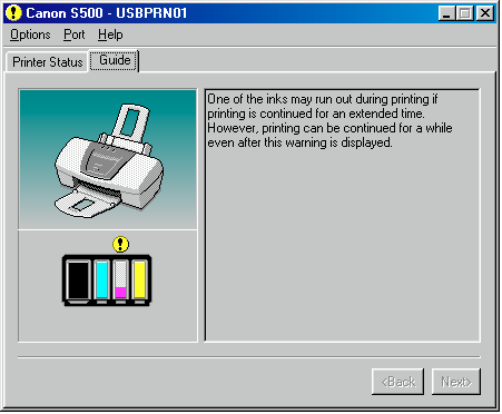Funzioni dei driver della stampante (Windows) Nel caso di errori o esaurimento inchiostro BJ Status Monitor sarà visualizzato automaticamente in caso di errore, ad esempio in caso di esaurimento