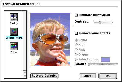 Funzioni dei driver della stampante (Macintosh) Pannello Special Effects [effetti speciali] Per visualizzare il pannello Special Effects [effetti speciali], fare clic sull'icona Special effects.