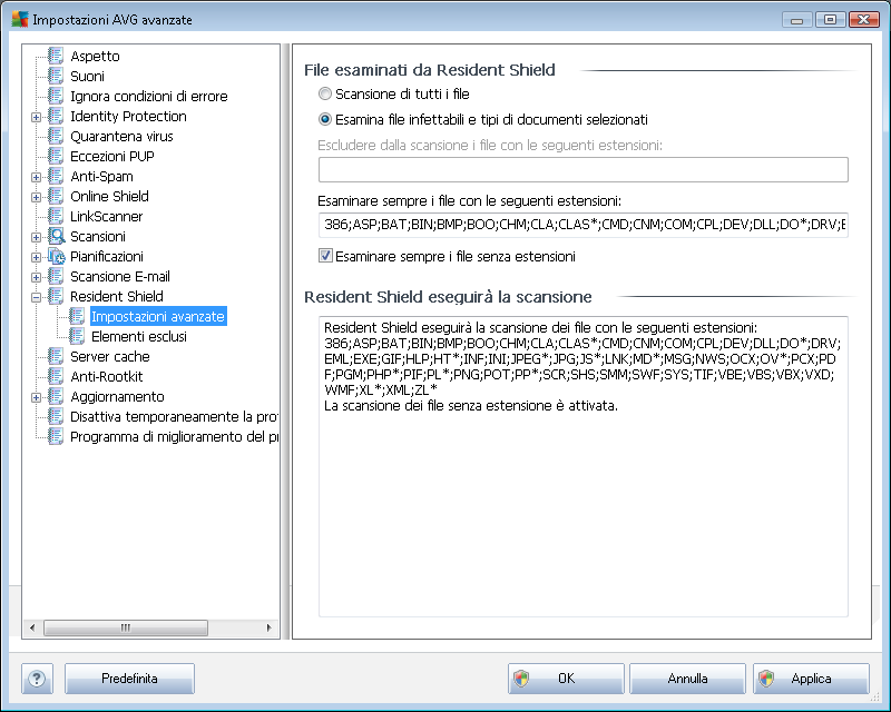 9.13.1. Impostazioni avanzate Nella finestra di dialogo File esaminati da Resident Shield è possibile configurare i file che verranno sottoposti a scansione (in base a estensioni specifiche):