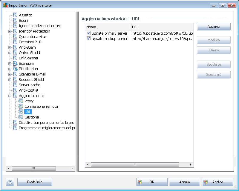 9.16.3. URL Nella finestra di dialogo URL è contenuto un elenco di indirizzi Internet da cui è possibile scaricare i file di aggiornamento.