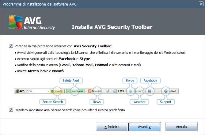 4.5. Installa AVG Security Toolbar Nella finestra di dialogo Installa AVG Security Toolbar è possibile decidere se installare o meno AVG Security Toolbar.