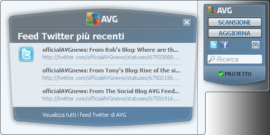 Collegamento Twitter : apre una nuova interfaccia del gadget AVG che fornisce una panoramica dei feed AVG più recenti pubblicati in Twitter.