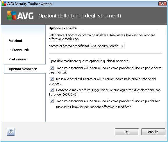 possibile selezionare caselle di controllo specifiche per determinare la funzionalità di AVG Security Toolbar da utilizzare: Browser Security: selezionare questa voce per attivare o disattivare i