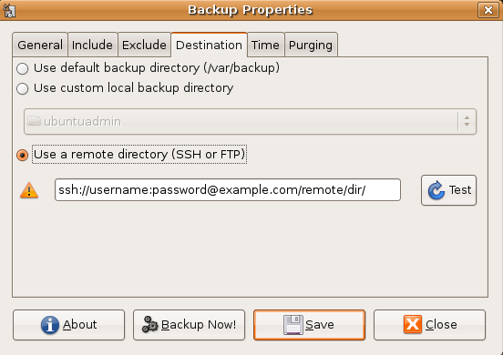 Fare il Backup su una macchina remota sbackup ha la possibilità di fare il backup su una macchina remota usando SSH o FTP come mostrato in figura.