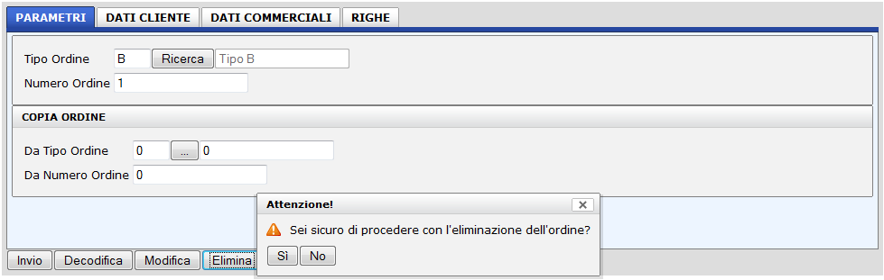 CAPITOLO 4 MODULO DI GESTIONE DEGLI ORDINI 111 Figura 423: Finestra di conferma eliminazione ordine Il comportamento è analogo al caso relativo all eliminazione di una riga, con la chiamata al metodo