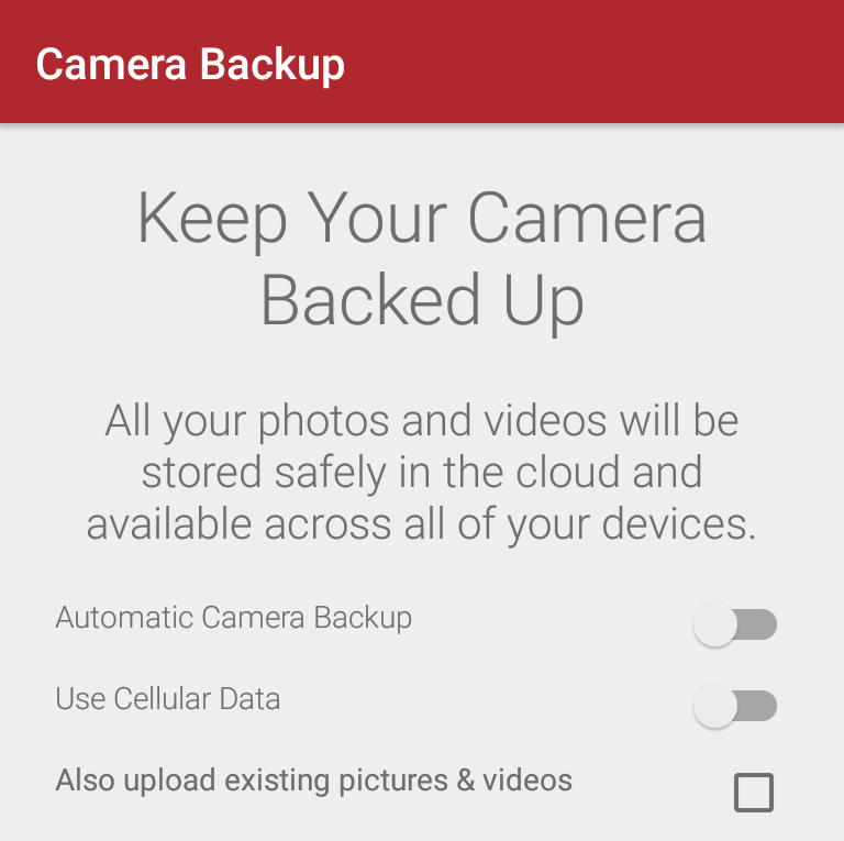 Configurazione applicazione Durante il primo accesso, verranno fornite le opzioni per configurare le impostazioni di backup della fotocamera.