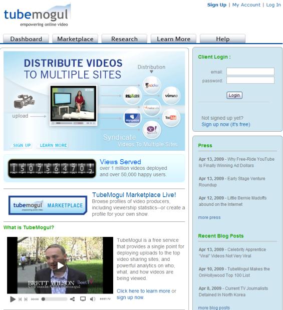 TUBEMOGUL Tubemogul è uno strumento che permette, da un lato di caricare i video su diverse Piattaforme di video sharing, dall altro di ricevere informazioni riguardanti l andamento del video sul