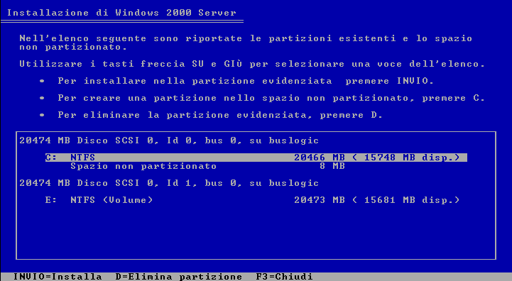 Ripristino di emergenza su Windows 2003 e Windows XP 3. Premere F2. Importante: premere F2 per evitare la normale procedura di installazione di Windows. 4.