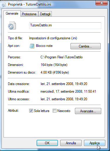 attributi del file TutoreDattilo.ini, che si trova nella cartella principale del programma. Questa funzionalità è molto utile soprattutto se TutoreDattilo è su un server di rete.