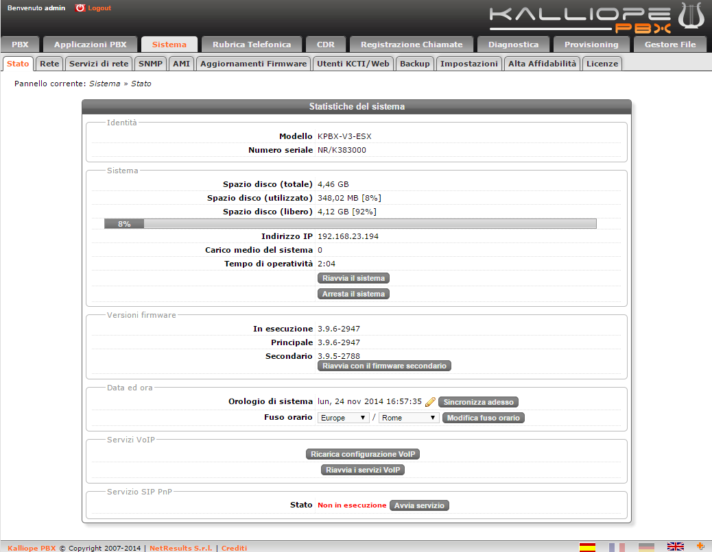 1.2 Interfaccia di amministrazione Eseguito l accesso come utente admin, viene presentata l interfaccia di configurazione di KalliopePBX (Figura 1.