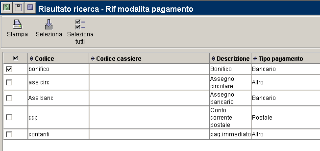 Il sistema presenta le Modalità disponibili. Esse fanno parte di una tabella di sistema. Ogni terzo può avere più di una modalità, basta selezionarle (quadratino) e spingere seleziona.