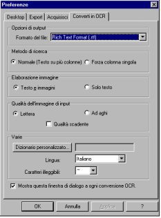 Proprietà conversione in OCR È possibile eseguire la conversione in OCR di un'immagine e specificare le opzioni che si desidera utilizzare.