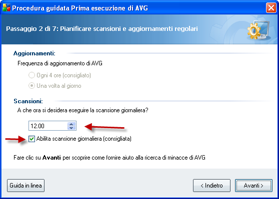 Aggiornamenit e Scansioni In questa schermata ti viene richiesto di configurare il programma in modo da ricercare eventuali virus nel tuo computer. In questo modo, se per esempio alle 12.