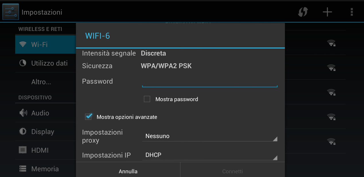 36 IMPOSTAZIONI Connessione a una rete Wi-Fi con configurazione di rete manuale. Selezionare questa casella per visualizzare le opzioni avanzate Impostazioni predefinite 1.