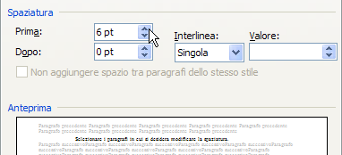 Per impostare misure più precise, dopo aver cliccato sulla freccia, scegliere Altro ; si apre la finestra Paragrafo dove, nel riquadro Spaziatura, si selezionano le scelte preferite nella casella