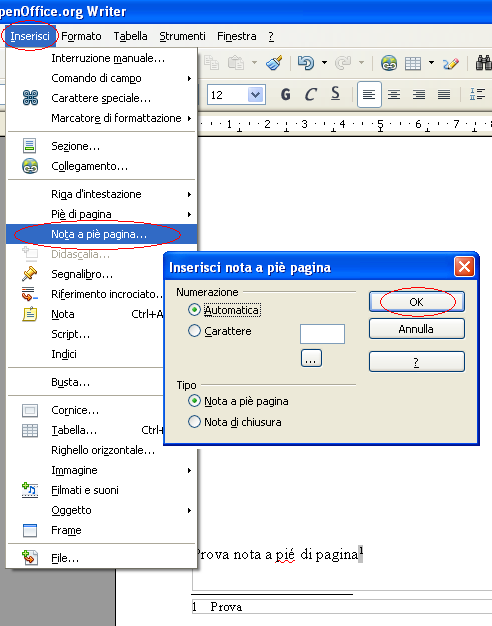 OpenOffice Writer: come inserire una nota a piè di pagina Per inserire una nota a pié di pagina occorre: selezionare il punto del testo a cui si vuole far riferire la nota;