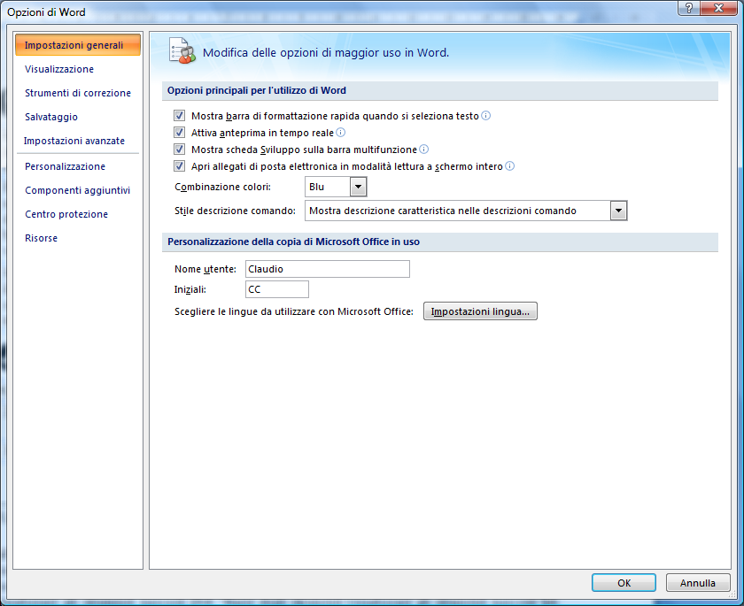 Word 2007 IL MENU DEL PULSANTE MICROSOFT OFFICE Il pulsante Microsoft Office è anche il nuovo punto d accesso alla finestra di dialogo Opzioni che permette di selezionare le impostazioni del