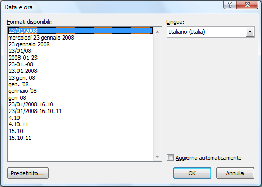 Lezione 4 Operazioni principali LA FINESTRA DI DIALOGO DATA E ORA Inserendo data e ora con l'aggiornamento automatico, Word le gestisce come un campo in cui vi è una funzione in grado di calcolare la