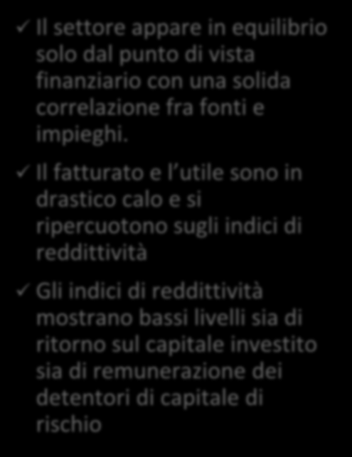 L analisi economico-finanziaria Il settore appare in equilibrio solo dal punto di vista finanziario con una solida correlazione fra fonti e impieghi.