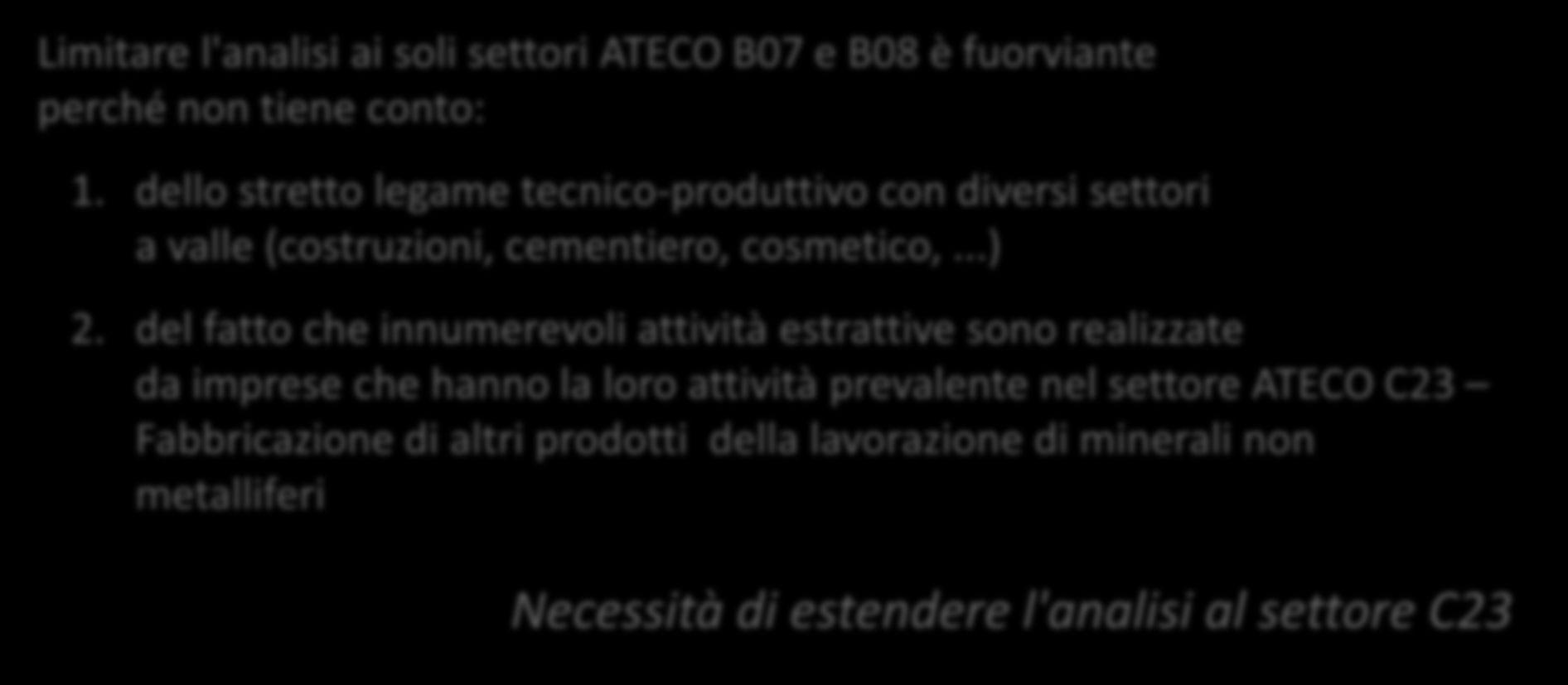 Una metodologia di analisi per il settore estrattivo I settori di riferimento per le attività estrattive non energetiche corrispondono ai codici ATECO: B07 Estrazione di minerali metalliferi B08