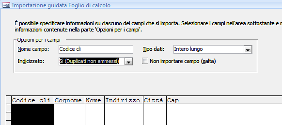 Nella schermata successiva a questa impostiamo il tipo dati per il codice