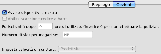 Nella sezione Media vengono forniti dettagli sui supporti nel dispositivo selezionato, tra cui il codice a barre (utilizzato con alcune librerie a nastro), il primo utilizzo del nastro, la