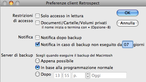 Controllo accesso master I pulsanti di scelta di attivazione e disattivazione vengono utilizzati per consentire o negare l'accesso di rete al client dal computer di backup.