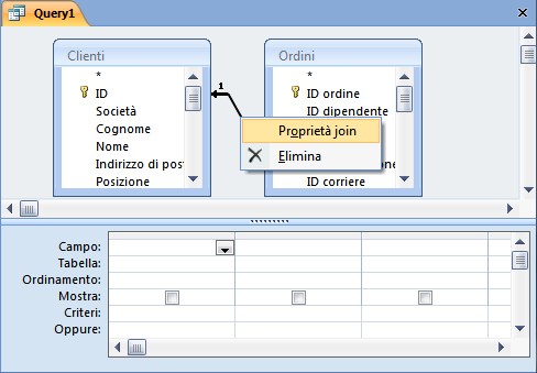 Creazione di una query su due tabelle, in visualizzazione struttura. Viene impostata la query a cui, il sistema assegna il nome Query1.