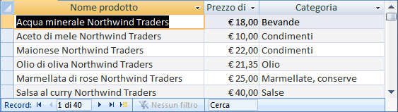 I criteri specificati nelle righe Criteri e Oppure vengono combinati mediante l'operatore OR: Prezzo di listino <= 10 OR Categoria = Frutta secca Se è necessario specificare più alternative, si