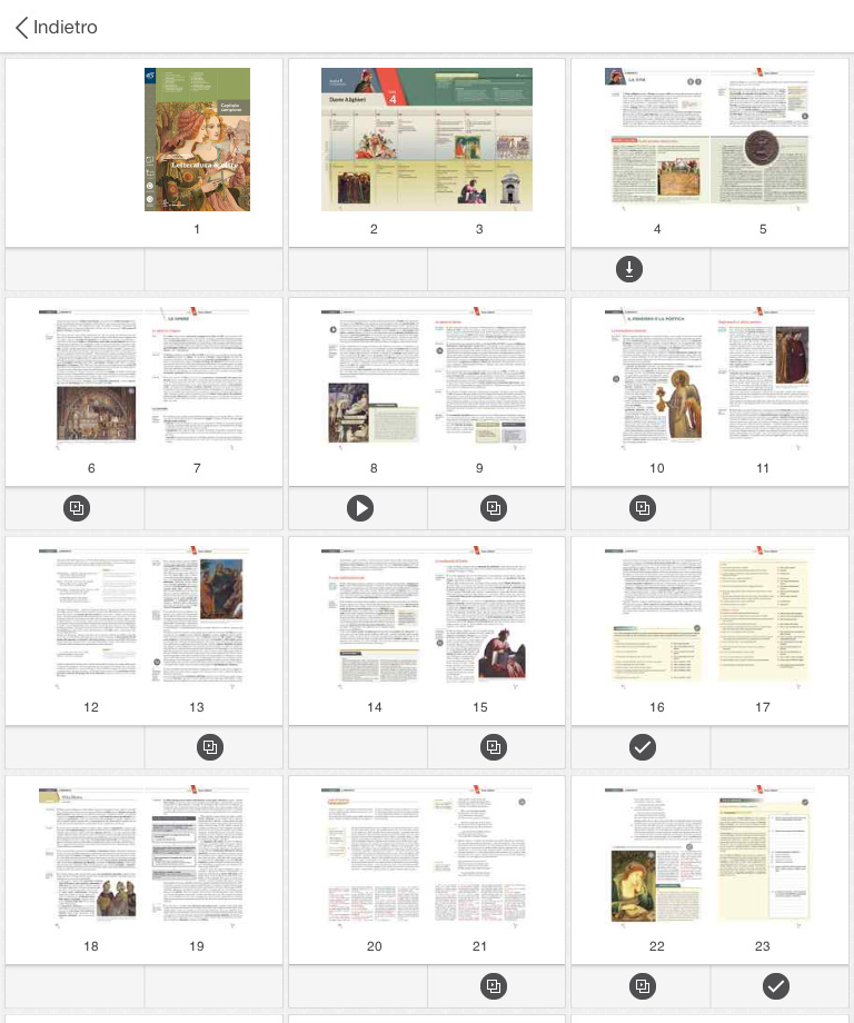 SFOGLIA OPENBOOK Indice delle miniature Cliccando sull icona relativa, l indice si apre a tutto schermo e consente di visualizzare le pagine e i contenuti multimediali presenti.