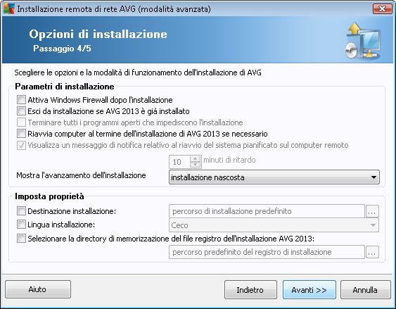 Nella sezione Parametri di installazione è possibile scegliere tra le seguenti opzioni: Attiva Windows Firewall dopo l'installazione: se non viene installato il componente AVG Firewall, è possibile