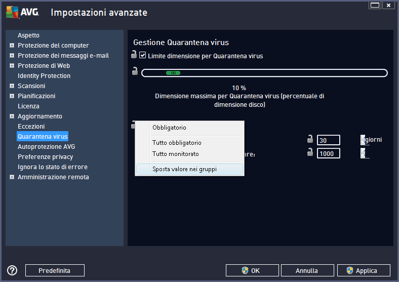 Per spostare un valore predefinito a tutte le altre impostazioni di gruppo, fare clic con il pulsante destro del mouse sulla casella di controllo selezionata, quindi dal menu di scelta rapida