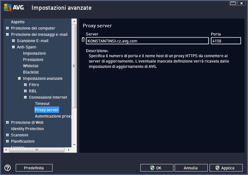 Connessione Internet. Nella finestra di dialogo Server Proxy inserire l'indirizzo di AVG Admin Server, compreso il numero di porta (il valore predefinito è 4158).