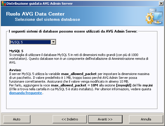 Nome utente: mostra il nome di accesso predefinito per il database (da utilizzare per la connessione di AVG Admin Server) Password utente: digitare una nuova password prescelta per il database (da