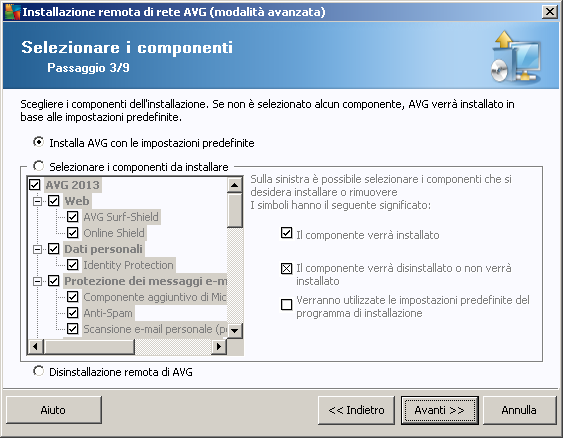 In questa fase, è possibile scegliere se installare AVG con le impostazioni predefinite oppure selezionare componenti personalizzati.