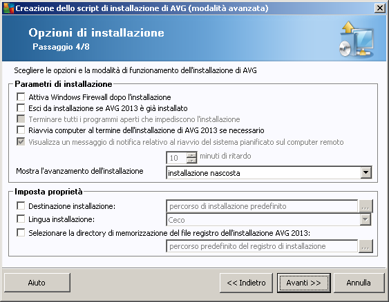 modo o Le impostazioni predefinite verranno utilizzate per i componenti con i campi corrispondenti lasciati vuoti ( ). Disinstallazione remota di AVG: consente la rimozione di AVG.