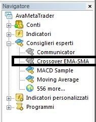 8) Con doppio click sulla EA (ad esempio sul Crossover EMA-SMA), apparirà una finestrella con un tab Comune che deve essere settato come segue : Mentre nel tab adiacente Valori di