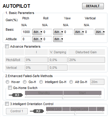 4 Autopilot STEP1: Parametri di Base Basic I parametri inseriti di default sono normalmente già adatti al volo Comunque con multi-rotori differenti si può presentare la necessità di impostare