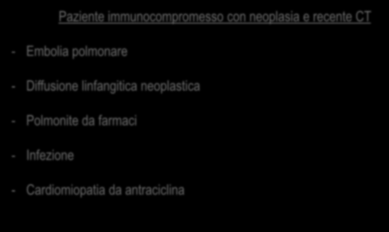 IPOTESI DIAGNOSTICHE Paziente immunocompromesso con neoplasia e recente CT - Embolia polmonare -