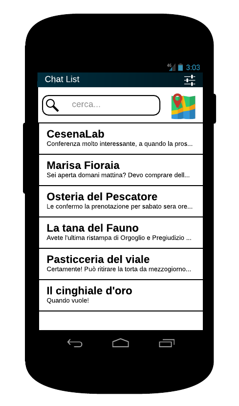 3.3 Schermata principale 3.3.1 Utente e attività Ogni volta che viene aperta l app, come prima schermata, viene mostrato l elenco delle conversazioni.