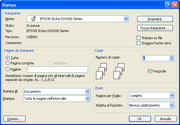 2.4.2.1 Stampare un documento a partire da un applicazione di elaborazione testi. Dalla barra dei menù si clicca sul menù File e, dall elenco che viene visualizzato si seleziona il comando Stampa.