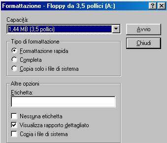 La formattazione rapida impiega pochi istanti (per un floppy da 1,44Mb); la formattazione completa impiega circa un minuto ma è più affidabile.