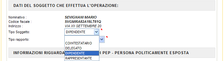 ANTIRICICLAGGIO Si passa direttamente alla schermata Antiriciclaggio Scopo operazione : Protezione prevista in automatico dal sistema; Attività economica : Individuare dal menù l attività economica