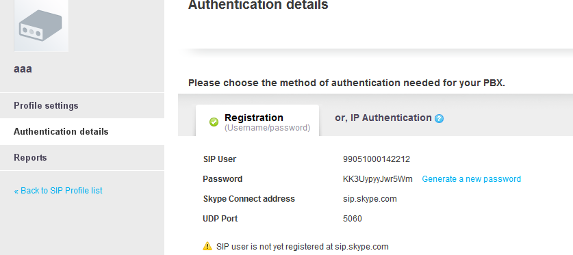 Quando cliccate Authentications details,vedrete il profilo dell account SIP: Selezionate la linea